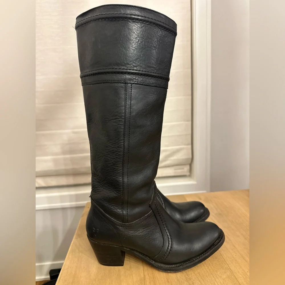 Frye Jean Tall Pull On Boot Black Over The Knee Leather Block Heel Womens 8 B